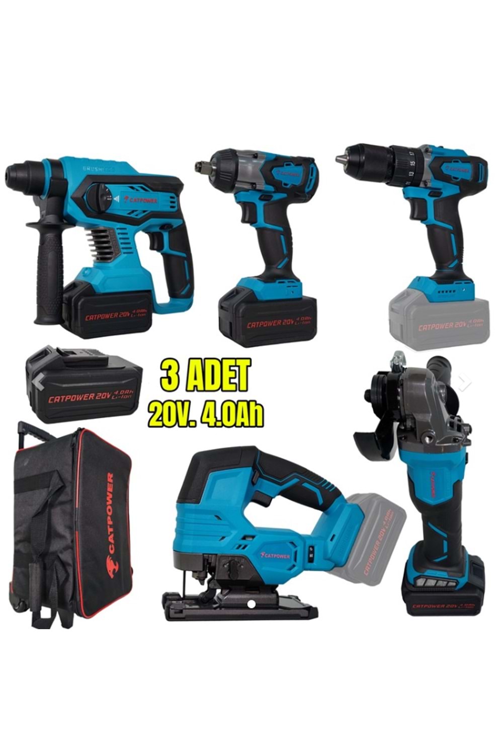 CATPOWER CAT4150 5 Lİ SET MATKAP,SOMUN SIKMA,DEKUPAJ,AVUÇ TAŞLAMA,HİLTİ,20V 3*4.0 AH AKÜ