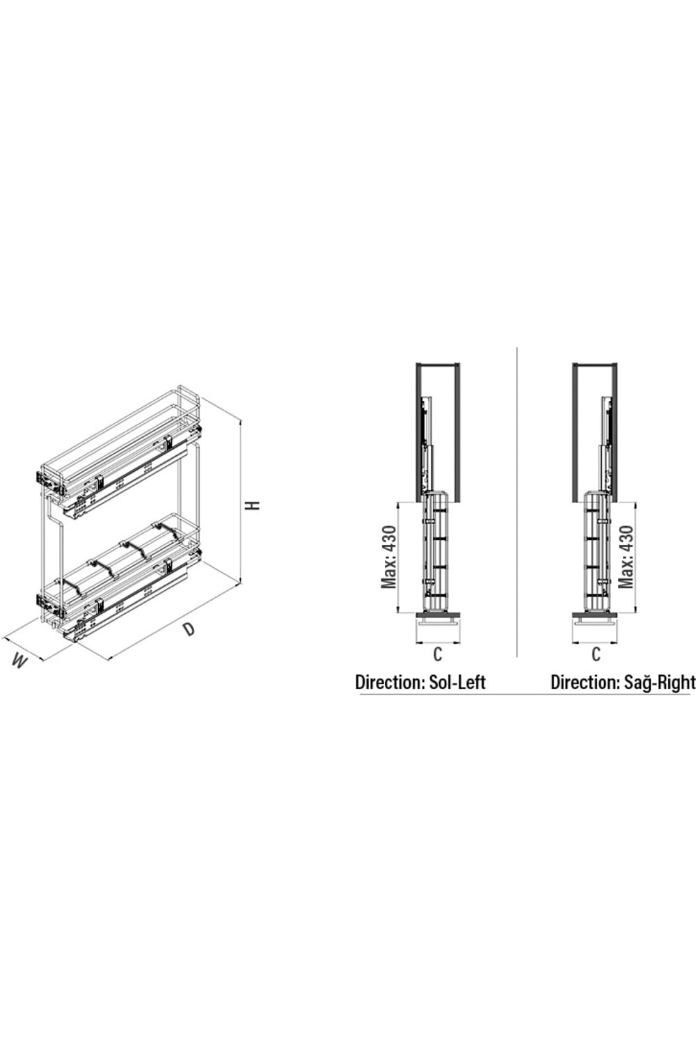STARAX S-2445-C ÇİFT AÇILIM RAYLI ŞİŞELİK KROM SOL 25 CM