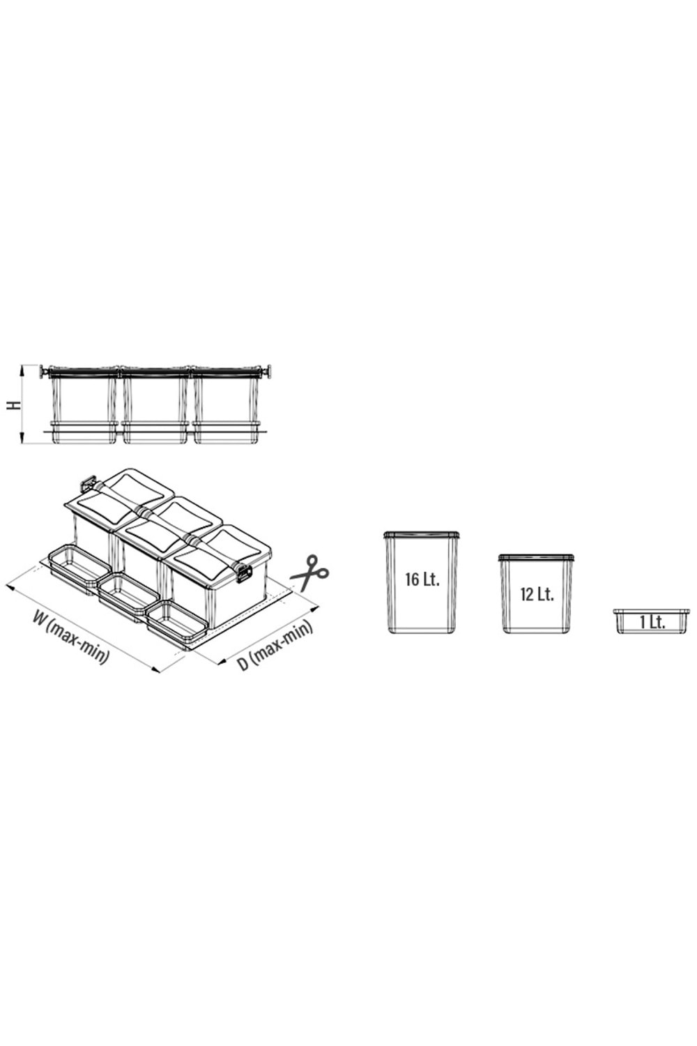 STARAX S-2535-G ÇEKMECE İÇİ OTOMATİK ÇÖP KOVASI 24+2 LT GRİ 60 CM