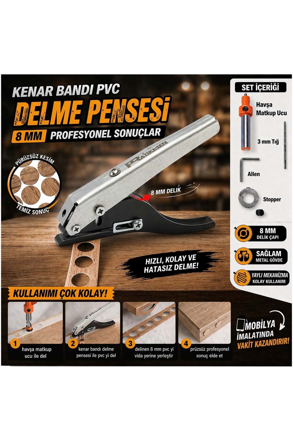 PRATİKMEN KENAR BANDI PVC VE DELME PENSESİ 8 MM