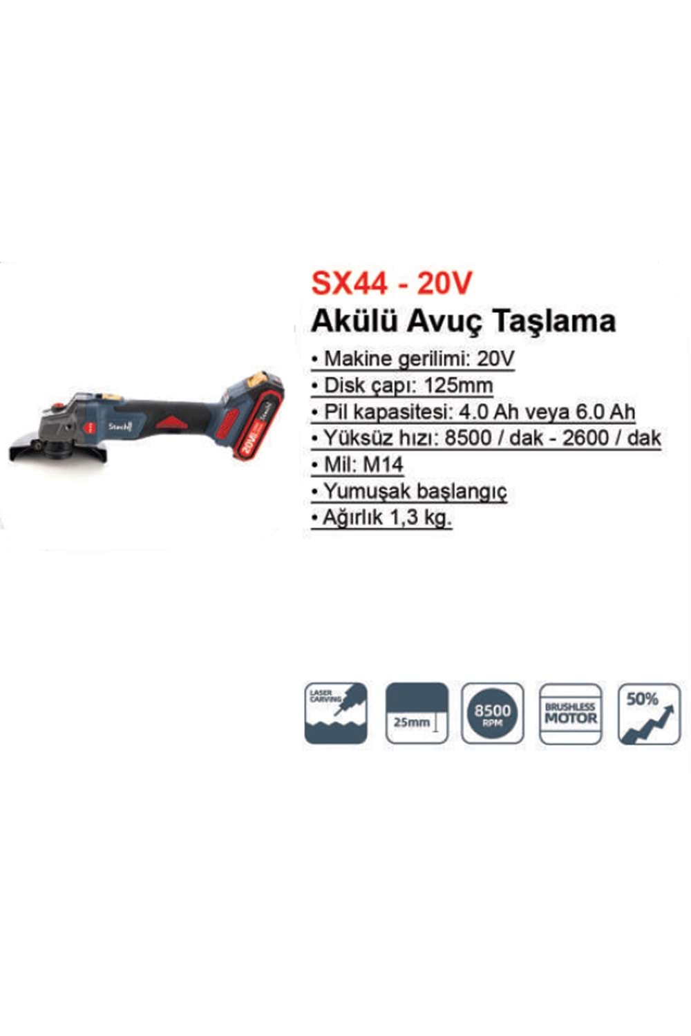 STECHEND SX44-2*4.0 AH AKÜLÜ AVUÇ TAŞLAMA 125 MM