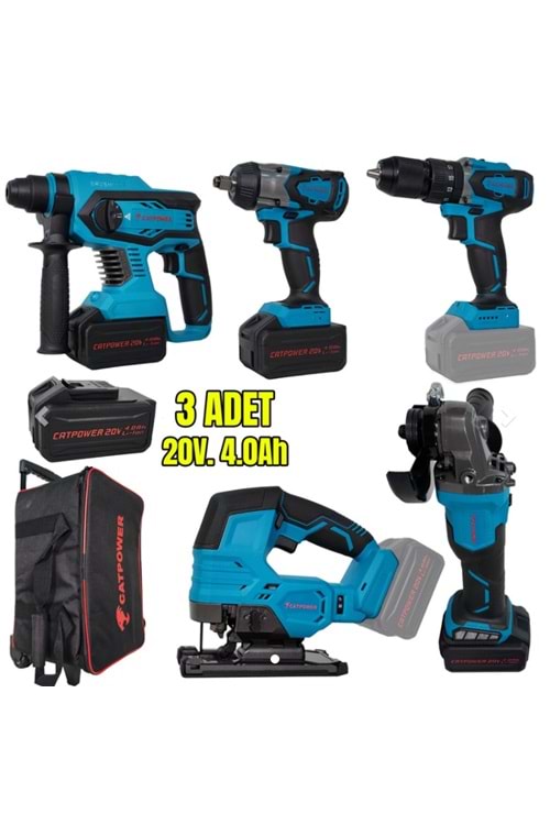 CATPOWER CAT4150 5 Lİ SET MATKAP,SOMUN SIKMA,DEKUPAJ,AVUÇ TAŞLAMA,HİLTİ,20V 3*4.0 AH AKÜ