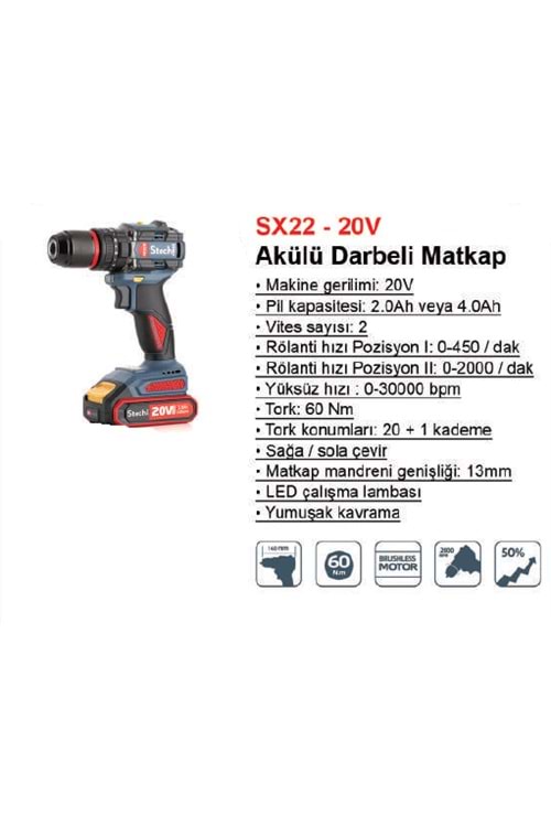 STECHEND SX22-2*2,0 AH AKÜLÜ DARBELİ MATKAP