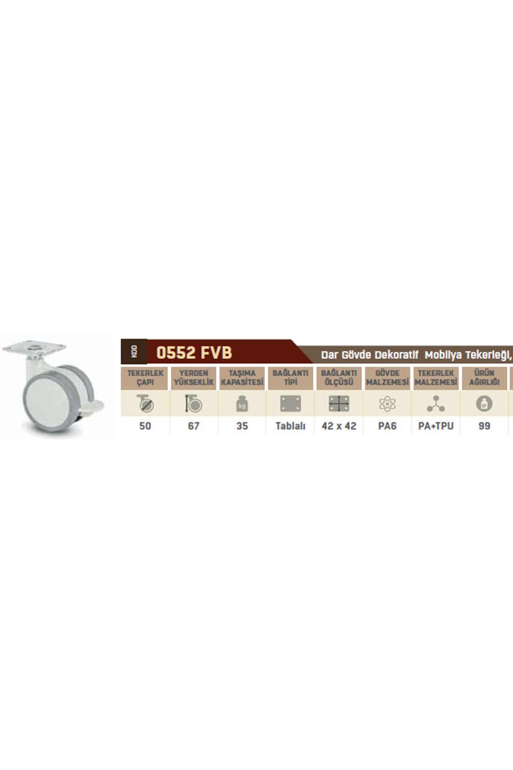 BURAK TEKER 0552 FVB 050 DAR GÖVDE FRENLİ BEYAZ-GRİ TEKERLEK 6,7 CM