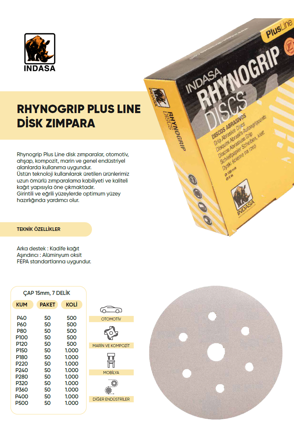 INDASA 150 MM P400 RHYNOGRIP PLUS 7 DELİKLİ CIRT ZIMPARA