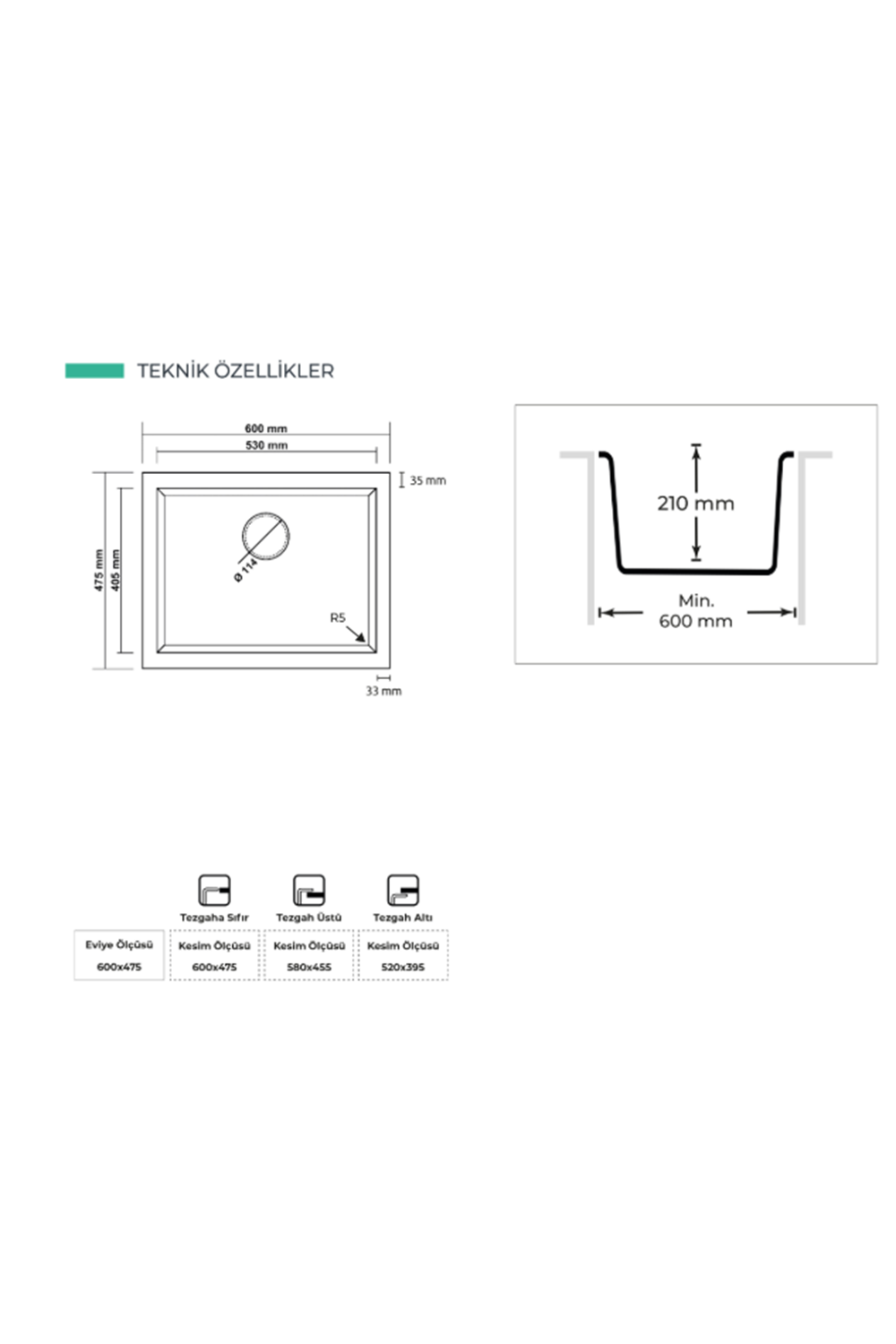 REALSTONE K012 GORDION 60 GRANİT EVİYE (WHITE)